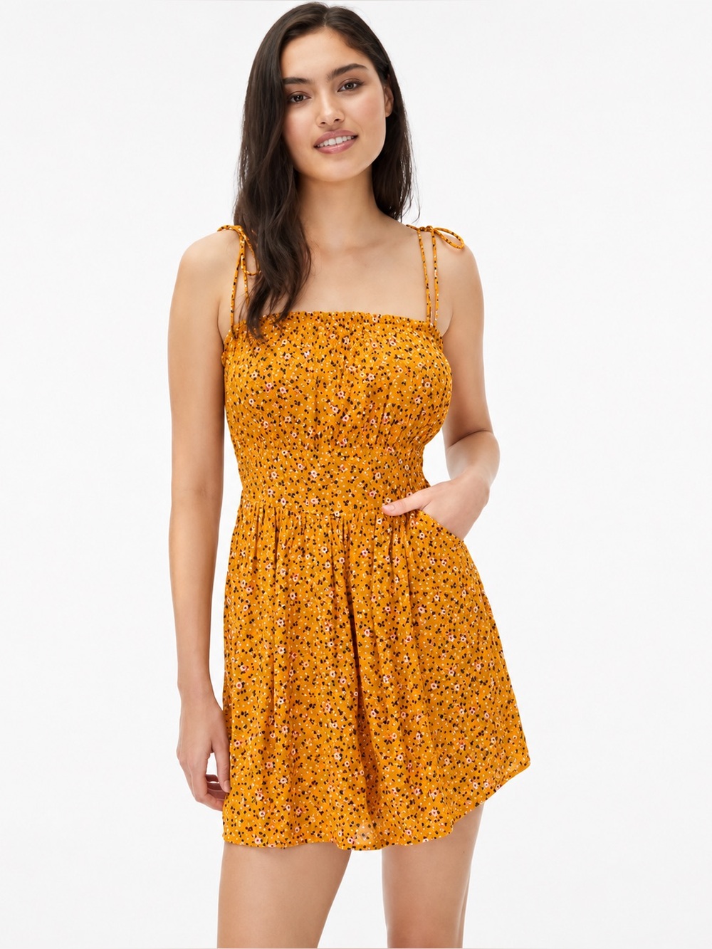 Aeropostale Floral Square Neck Mini Dress Tie Shoulder Smocked Sundress XS/S